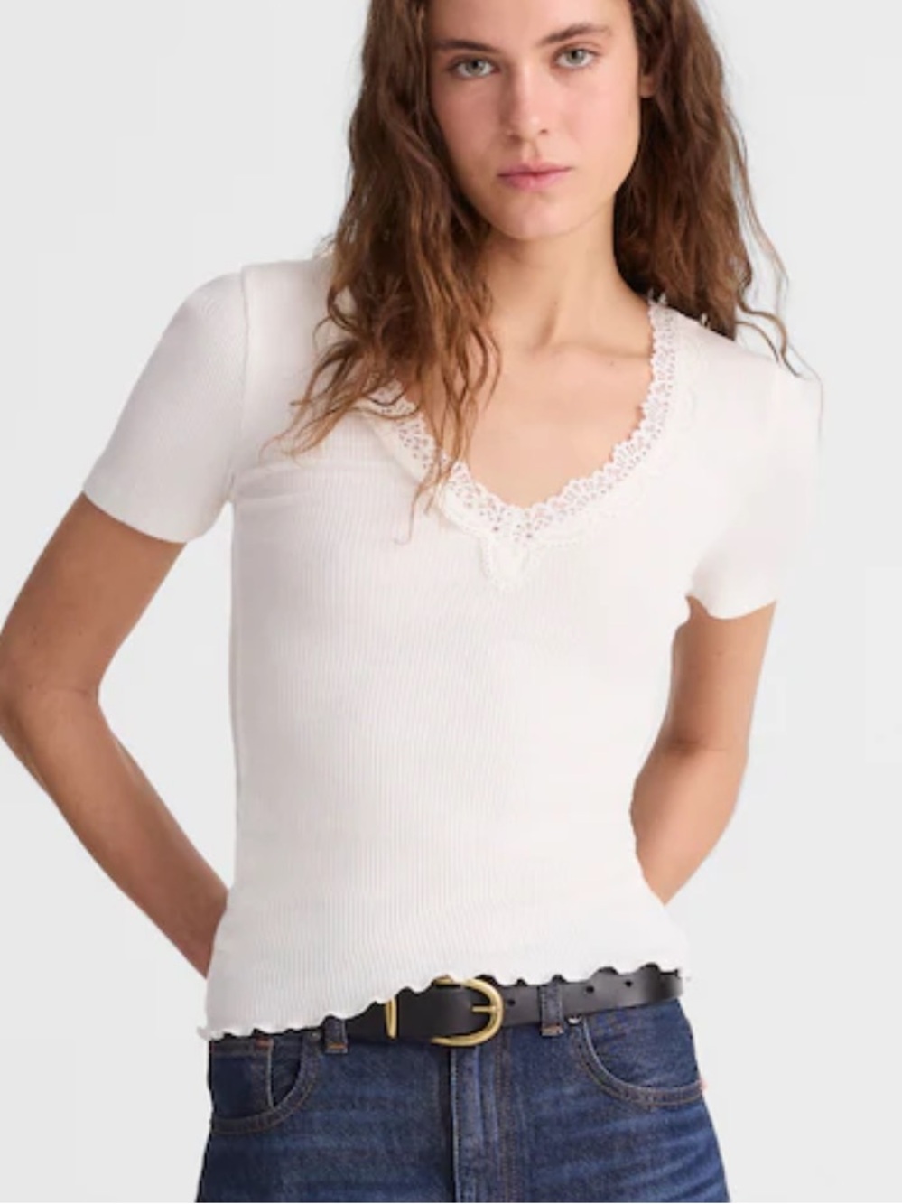 NWT Madewell Women’s White Ribbed Lace V-Neck Top Size Medium